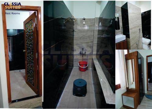 a bathroom with a red bucket in the middle of a room at Classia Suites in Bengaluru