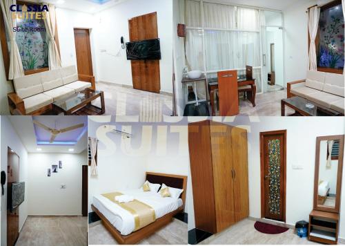 a collage of photos of a hotel room at Classia Suites in Bengaluru