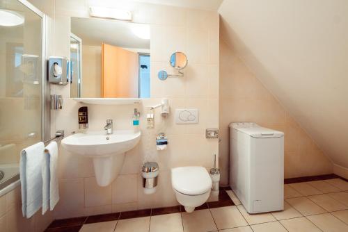 a bathroom with a sink and a toilet and a shower at Familienapartment Am Neumarkt lll in Dresden