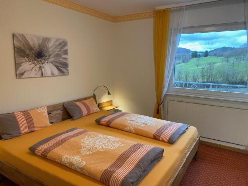 a bedroom with a bed in front of a window at Auwers Haus komplett zur Alleinnutzung - 3 Wohneinheiten in Schmallenberg