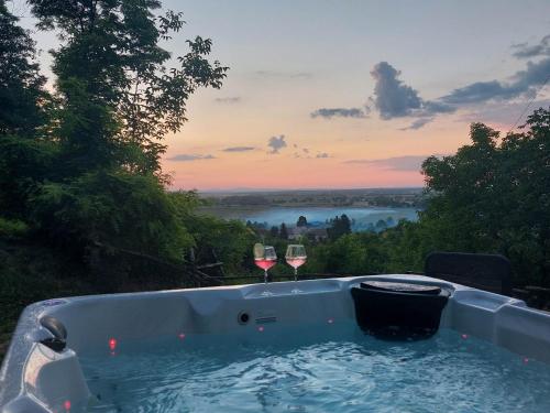 two glasses of wine in a hot tub with a view at Mikin dol Baranja Country house in Draž