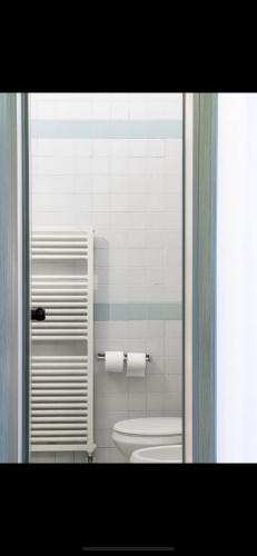 a bathroom with a toilet and a mirror at Esedra Hotel in Rimini