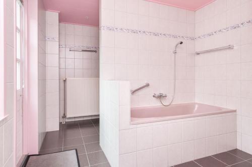 een badkamer met een bad en een douche bij Voorstraat 30 Appartement in Colijnsplaat