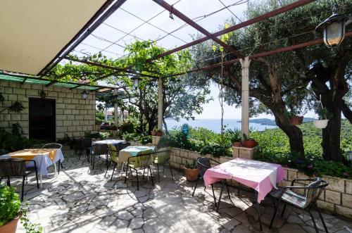 d'une terrasse avec des tables et des chaises sous une grande fenêtre. dans l'établissement Guesthouse Moretic, à Orašac