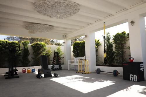 a large white room with plants on the walls at Caldera's Dolphin Suites in Megalokhori