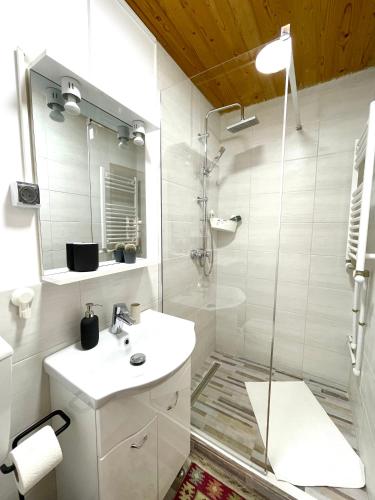 a white bathroom with a shower and a sink at Cabana din Poveste Valea Doftanei in Trăisteni