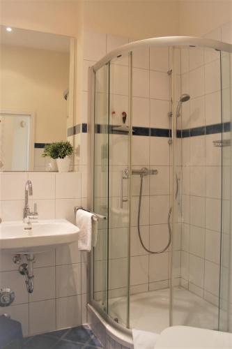 a bathroom with a glass shower and a sink at Seehund in Am Schwarzen Busch