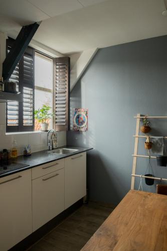a kitchen with a sink and a window at Bed and Breakfast du Parc in Zaandam