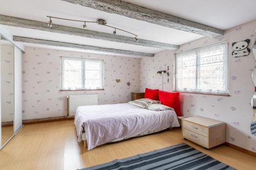 a bedroom with a bed with red pillows on it at L'Audacieuse in Eckbolsheim