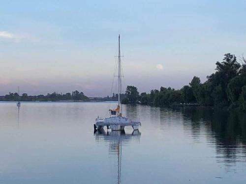a boat on a lake with a dog on it at Villa Rio by Valada Village in Valada