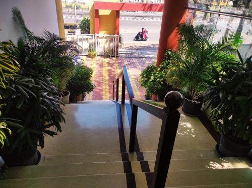 a stairway with potted plants in a building at Hotel Manasi Royal in Satara
