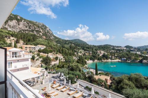 a view of the lake from the balcony of a hotel at Odysseus Hotel in Paleokastritsa