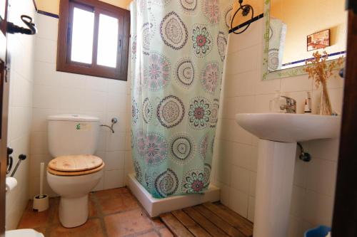 a bathroom with a toilet and a shower curtain at Casas Rurales El Viejo Castaño 1 in Pujerra