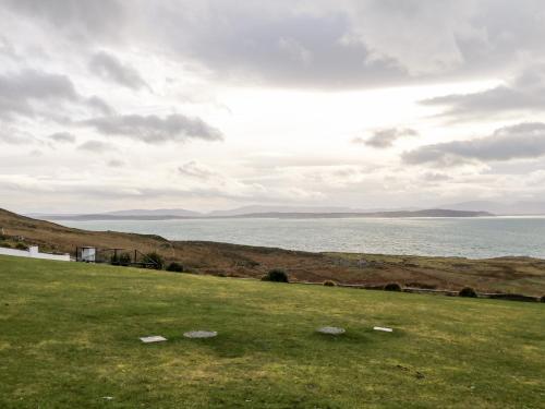 a field of grass with the ocean in the background at House Crohy Head in Dungloe