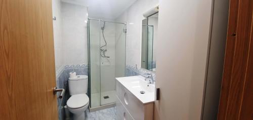 een badkamer met een toilet, een wastafel en een douche bij Rocamaura IV-2-10 inmoestartit in L'Estartit