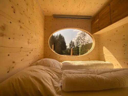 two beds in a room with a circular window at Zinipi Retreat Gelenau "Eule" in Gelenau