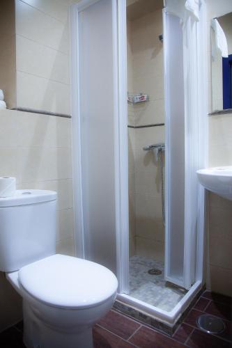 a bathroom with a white toilet and a shower at Noches en Triana in Seville