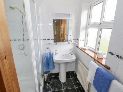 a bathroom with a sink and a shower at 8 Lios Na Sioga in Belmullet
