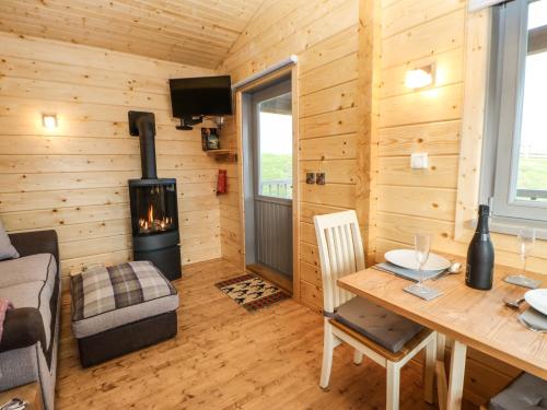 a living room with a woodburning stove in a cabin at Otters Holt in Darlington