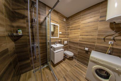 a bathroom with a shower and a toilet and a sink at Apartman Kokin Brod in Kokin Brod