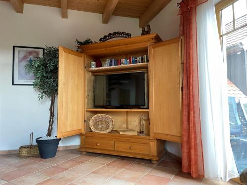 a entertainment center with a television in a room at Ferienwohnungen Am Kirchberg Kapplblick in Neualbenreuth