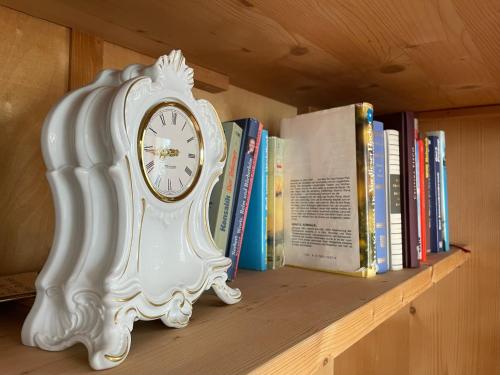 a clock sitting on a shelf next to books at Ferienwohnungen Am Kirchberg Kapplblick in Neualbenreuth