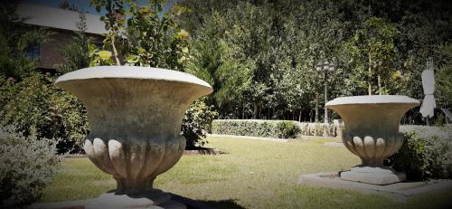 two large concrete vases sitting in the grass at Furrows Lodge in Nieu-Bethesda