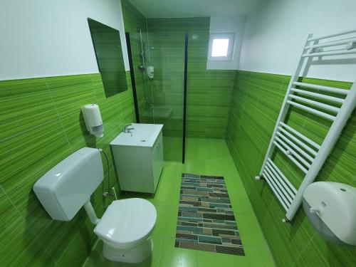 ein grünes Bad mit einem WC und einem Waschbecken in der Unterkunft Casa Elis in Merei