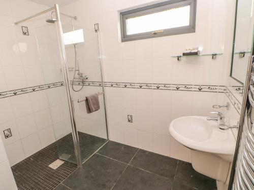 W łazience znajduje się umywalka i prysznic. w obiekcie Bluebell Lodge w mieście Saltburn-by-the-Sea
