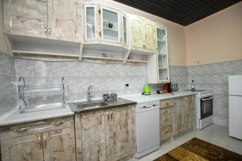 una cucina con armadi in legno e frigorifero bianco di Apartman Pejović a Kladovo
