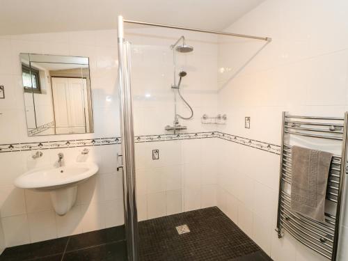 Un baño blanco con ducha y lavabo. en Violet Lodge, en Saltburn-by-the-Sea