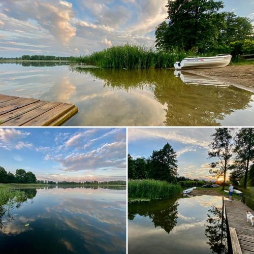 three pictures of a lake with a boat on the shore at Willa na Mazurach ze SPA, Basenem i Jacuzzi in Giże