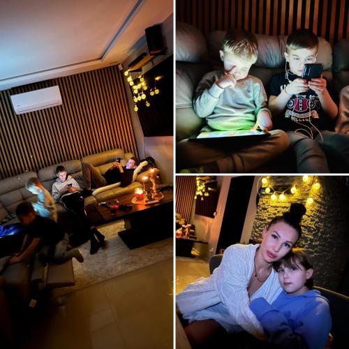 four pictures of a woman and a child in a living room at Willa na Mazurach ze SPA, Basenem i Jacuzzi in Giże