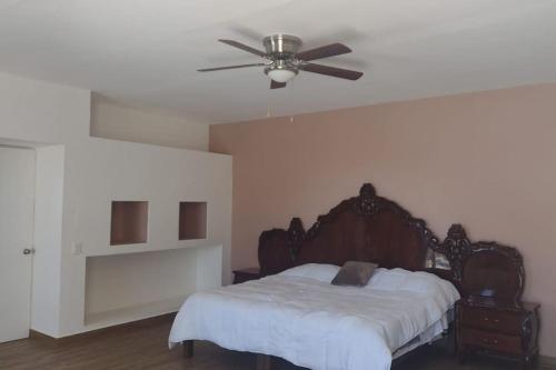 Schlafzimmer mit einem Bett und einem Deckenventilator in der Unterkunft Casa Bella vista in San Juan Cosalá