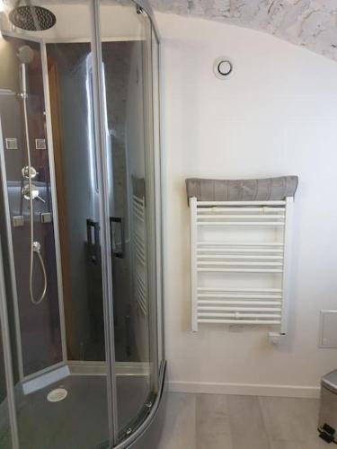 La salle de bains est pourvue d'une douche et d'une fenêtre avec un rideau de douche. dans l'établissement Le SAMBIN-TERRASSE -CENTRE VILLE, à Dijon