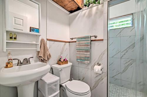 a bathroom with a toilet and a sink and a shower at Keaau Apartment on Beautiful Acre with Pool and Deck! in Keaau