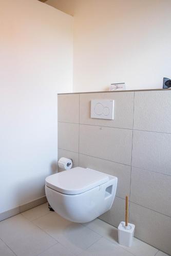 a bathroom with a white toilet in a room at Hof Ruemland Ferienwohnungen in Hollingstedt