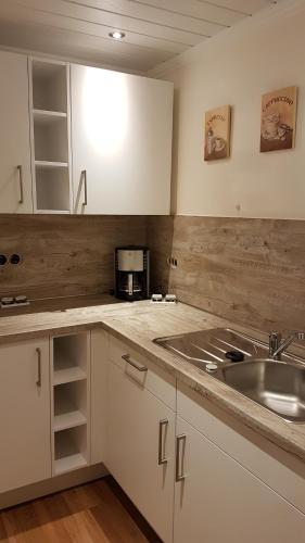 uma cozinha com um lavatório e uma bancada em Brunnenhof em Bruttig-Fankel