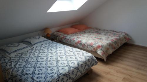 ein Schlafzimmer mit zwei Betten und einem Fenster in der Unterkunft Chambre chez l'habitant LGBT près de la plage naturiste de Granville in Bréville-sur-Mer