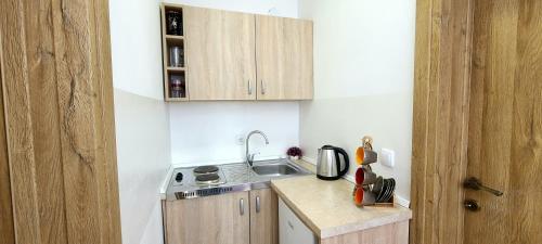 a small kitchen with a sink and a counter at Riviera Inn apartments in Ulcinj