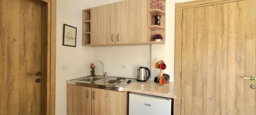 een kleine keuken met houten kasten en een wastafel bij Riviera Inn apartments in Ulcinj