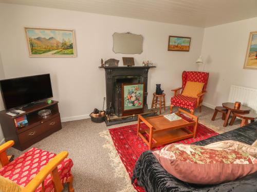 un salon avec cheminée et télévision dans l'établissement Limestone Cottage, à Ennis