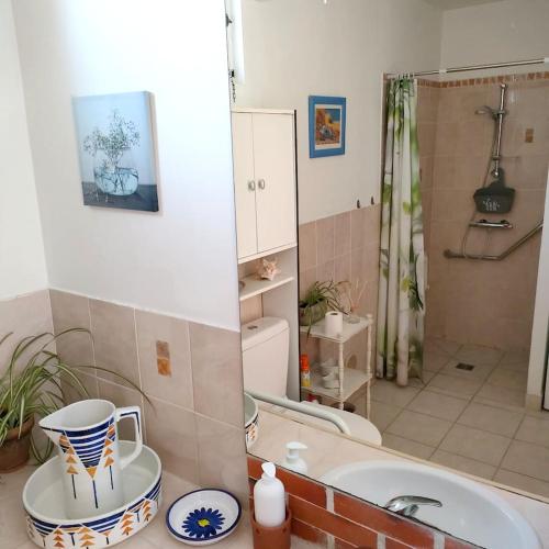 une salle de bain avec un lavabo, des toilettes et une baignoire dans l'établissement Maison charmante avec grand jardin à Noyers-sur-Cher, PMR, à Noyers-sur-Cher