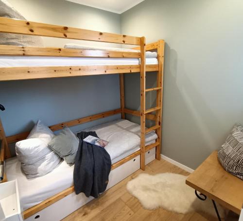 a room with two bunk beds and a desk at Baumkrone in Altenau