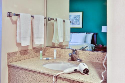 uma casa de banho com um lavatório e um espelho em The View Inn & Suites Bethlehem / Allentown / Lehigh Airport em South Bethlehem