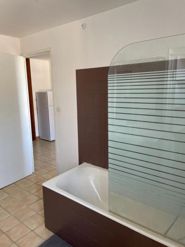 ein Badezimmer mit einer Badewanne und einem Glasfenster in der Unterkunft Charmant T2 au 1er dans résidence avec parc arboré in Saint-Pierre-le-Moûtier