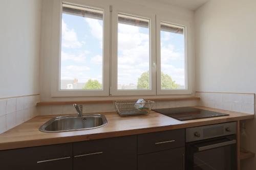 a kitchen with a sink and two windows at La Belle Tourangelle#Rabelaisien Free parking in Tours