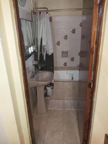 a small bathroom with a sink and a shower at Chapadmalal Casas La Bella in Colonia Chapadmalal