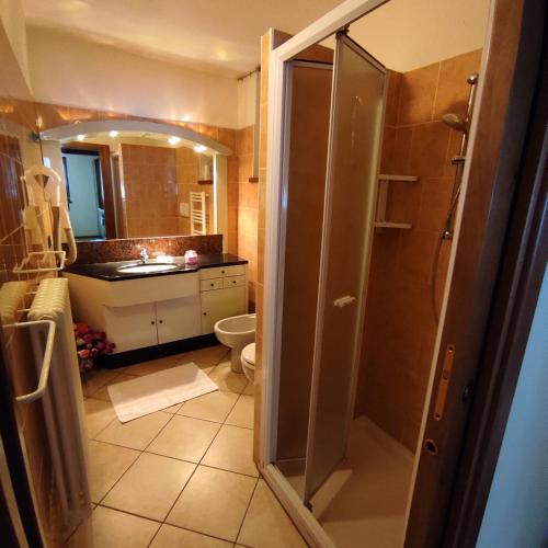 a bathroom with a shower and a toilet and a sink at Orobie Holiday Apartments in Albosaggia