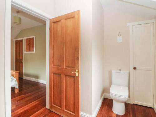 a bathroom with a toilet and a wooden door at Horse Mill Lodge in Taddington